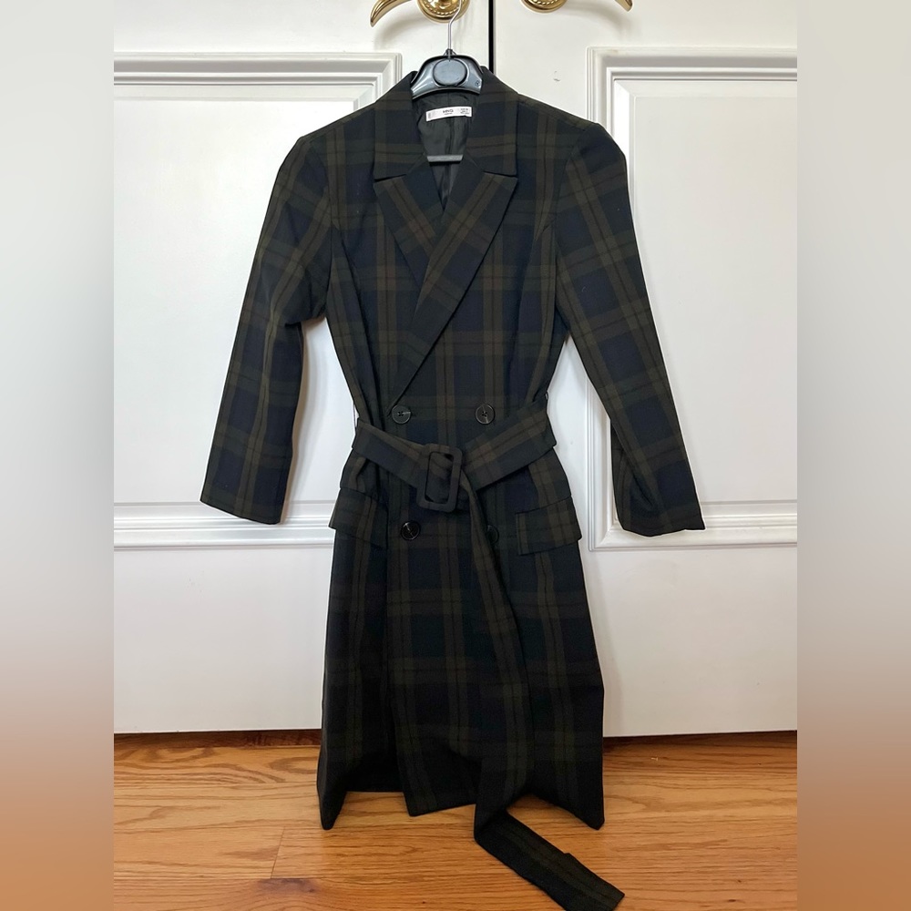 Mango Women Black Green Check Belt Wrap Suit Dress Size 2/XS